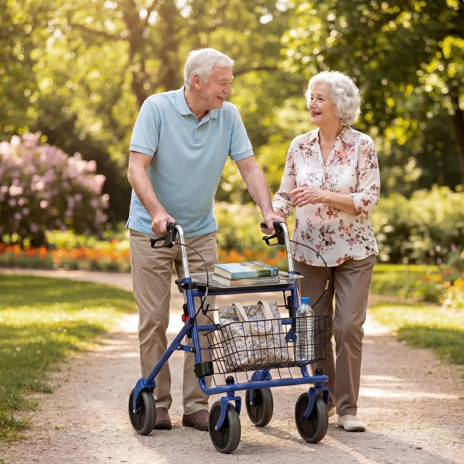 Andador para Ancianos Plegable con Asiento 4 Ruedas Altura Ajustable Frenos de Maneta Cesta Bandeja Porta Bastón Azul
