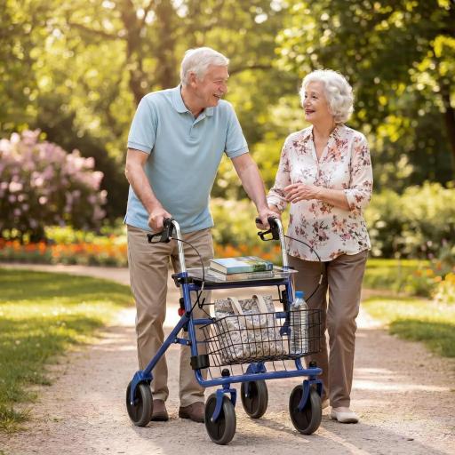 Andador para Ancianos Plegable con Asiento 4 Ruedas Altura Ajustable Frenos de Maneta Cesta Bandeja Porta Bastón Azul [0]