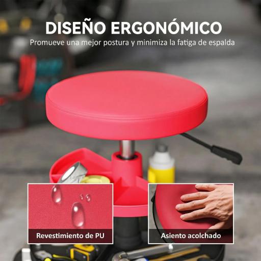 Taburete de Taller Giratorio con Ruedas Altura Ajustable de 40-51 cm y 2 Bandejas Carga 135 kg para Garaje Rojo [6]