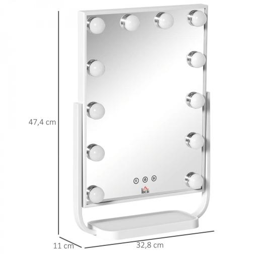 Espejo de Maquillaje con Luz Espejo Hollywood de Mesa con 12 LED 3 Modos y Luz Ajustable Pantalla Táctil y Función de Memoria para Dormitorio Baño 32,8x11x47,4 cm Blanco [1]