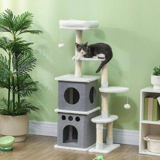 Rascador para Gatos 126 cm Torre para Gatos con Nidos Plataformas Bolas Colgantes y Postes de Sisal Crema