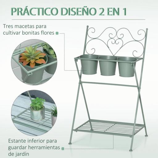 Soporte de Metal para Plantas Plegable con 3 Macetas Incluidas y Estante Inferior Porta Macetero Decorativo de Flores para Interiores y Exteriores 47x37x78,5 cm Verde [3]