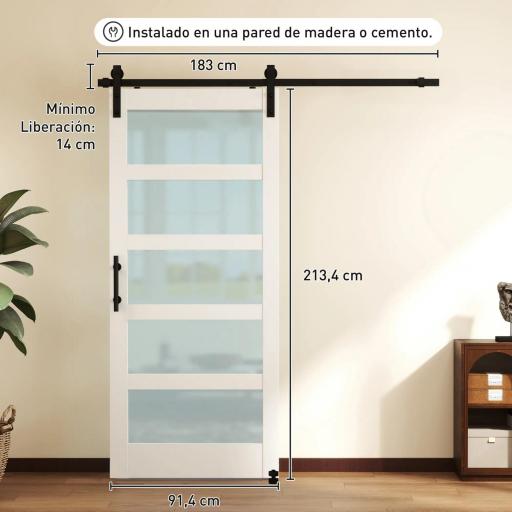 Puerta Corredera Interior 91x213 cm con Kit de Montaje, MDF y Vidrio Esmerilado, Riel y Herrajes, Blanco [1]
