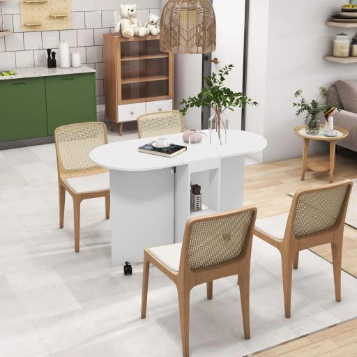 Mesa de Comedor Plegable con Ruedas Mesa de Cocina con Alas Abatibles y 2 Estantes Abiertos 120x60x77 cm Blanco