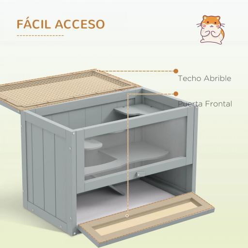 Jaula para Hámster de Madera de 2 Niveles Casa para Animales Pequeños con Plataformas Escaleras 60x35x42 cm Gris [3]