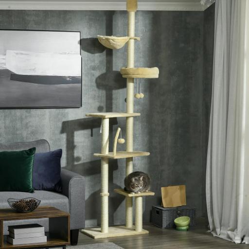 Árbol para Gatos de Suelo a Techo de 230-250 cm con Altura Ajustable Múltiples Plataformas Cestos Hamaca Bolas Beige