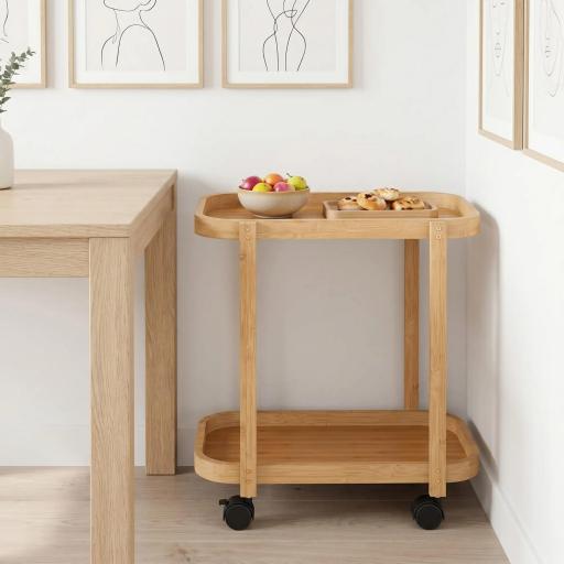 Carrito de Cocina de Bambú de 2 Niveles Carrito Auxiliar para Cocina con Ruedas 2 Estantes 54x36,5x60 cm Natural [3]