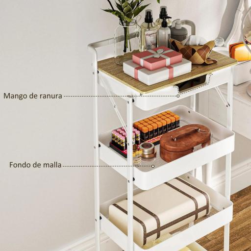 Carrito Auxiliar con Ruedas de 4 Niveles con Cajón Encimera y Cestas de Rejilla para Dormitorio Baño Cocina Blanco [6]