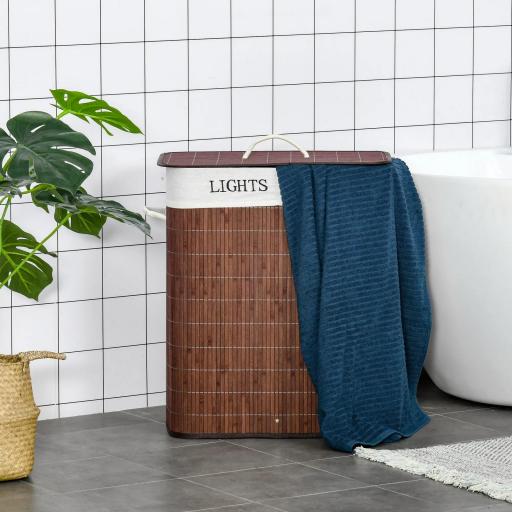 Cesto para Ropa Sucia de Bambú Capacidad de 100L Cesta para la Colada Rectangular con Tapa Extraíble Bolsa de 2 Compartimentos 52x32x63 cm Marrón [2]