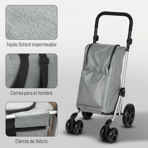 Carrito de Compra Plegable de 46 L Carro 3 en 1 con 6 Ruedas Bolsa Térmica y Asa Ajustable 44x58x100 cm Gris [7]
