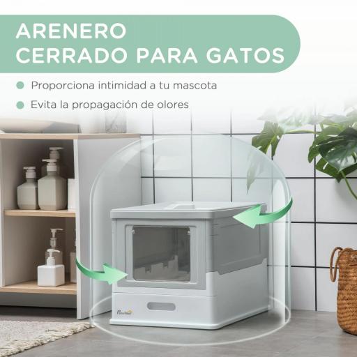 Arenero Cubierto para Gatos Desmontable con Entrada Frontal y Salida Superior con Pala 47,5x35,5x36,7 cm Gris y Blanco [4]