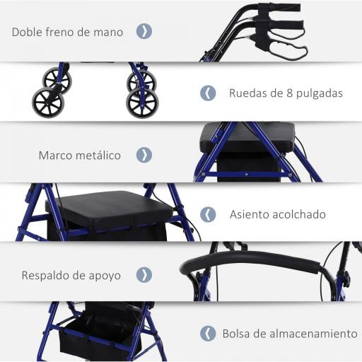 Andador para Adultos Plegable Con Almacenaje Asiento y Frenos 65x53x79-89 cm Azul y Negro [7]