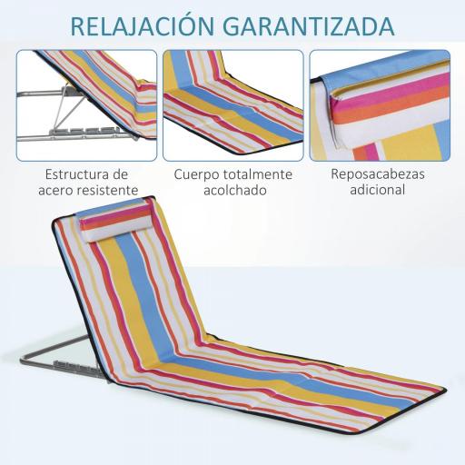 Set de 2 Esterillas de Playa Plegables 124x53x45 cm con Respaldo Ajustable y Reposacabezas Esteras de Playa Portátil de Tela Oxford Acero con Bolsa de Transporte para Balcón Jardín Multicolor [5]