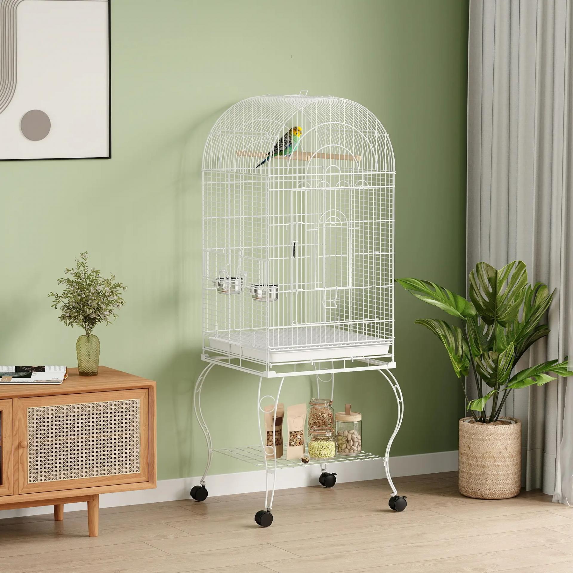 Jaula para Pájaros con Ruedas y Estante 51x51x153 cm con Parte Superior Abatible Comederos y Bandeja Extraíble Blanco