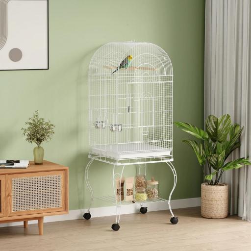 Jaula para Pájaros con Ruedas y Estante 51x51x153 cm con Parte Superior Abatible Comederos y Bandeja Extraíble Blanco