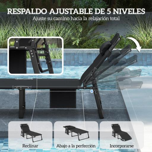 Set de 2 Tumbonas Plegables con Reposacabezas Cojines Bolsillo Lateral y Respaldo Reclinable 5 Posiciones Gris Oscuro [2]