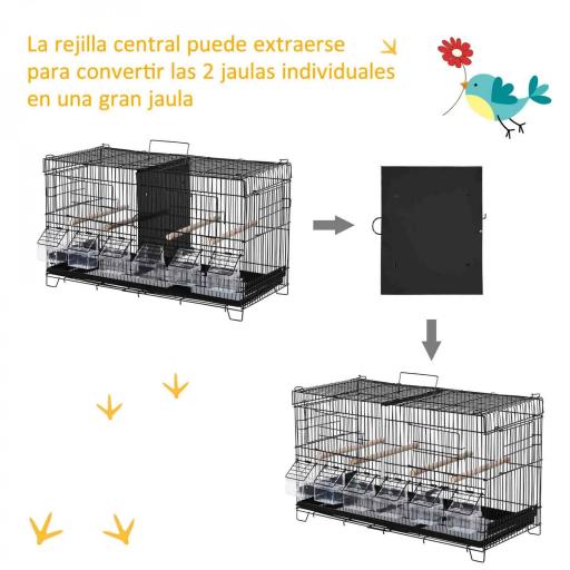 Jaula para Pájaros con Divisor Ganchos Superiores Puertas Comederos Perchas y Bandeja Extraíble 59,5x26,5x39,5 cm Negro [3]
