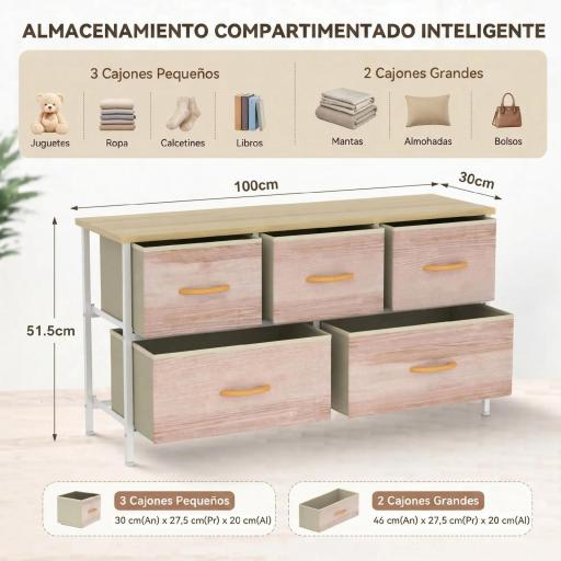 Cómoda con 5 Cajones de Tela Cómoda para Dormitorio Marco de Metal Cajonera para Salón Oficina Natural y Blanco [2]