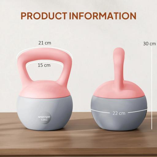 Pesa Rusa 12 kg Kettlebell Relleno de Arena Metálica Mango Antideslizante para Entreno en Casa 21x21x30 cm Rosa y Grisq [3]