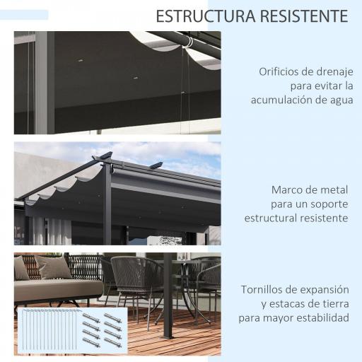 Pérgola de Jardín Cenador para Exterior con Techo Retráctil y 4 Cortinas Enrollables 4x3 m Gris Oscuro [5]