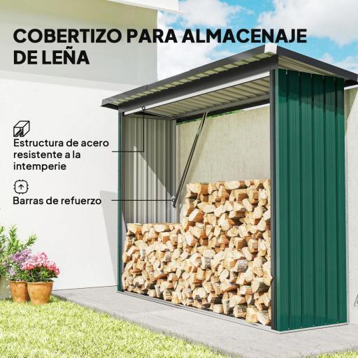 Casetilla para Leña de Acero Galvanizado con Base Elevada y Techo Inclinado 213x66,5x150 cm Verde [3]