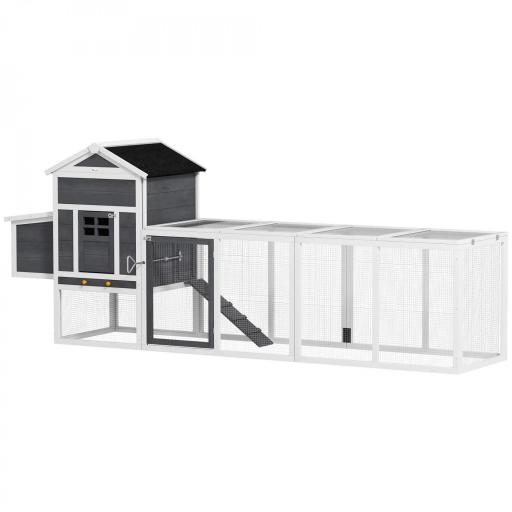 Gallinero de Madera Grande para 3-6 Gallinas con Techo Asfáltico Nido y Bandeja Extraíble 297,5x68x118 cm Blanco y Gris [8]