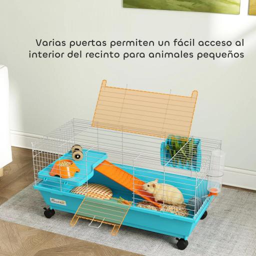  Jaula para Animales Pequeños con Ruedas Botella Comedero Dispensador de Heno para Conejos y Cobayas 89x44x43 cm Azul [2]