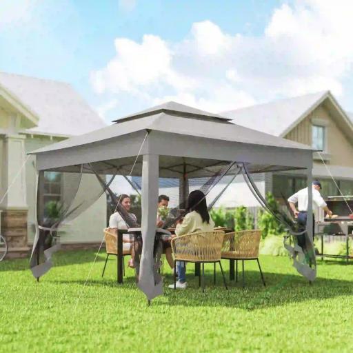 Carpa Plegable Gazebo 3,3x3,3 m con 4 Paredes Laterales de Malla Anti-UV y Bolsa de Transporte Gris Claro