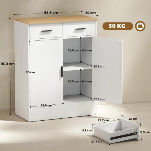 Aparador de Salón con 2 Puertas 2 Cajones y Estantes Ajustables para Cocina Entrada Dormitorio 68,6x35x90,3 cm Blanco [1]