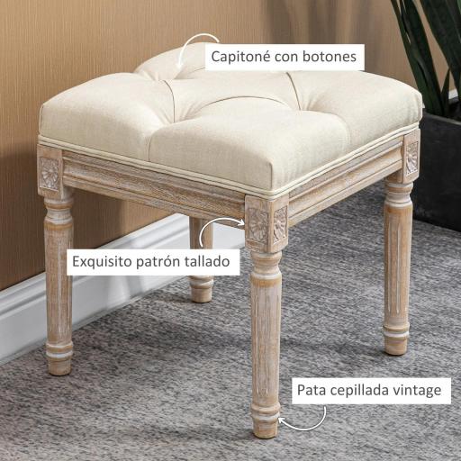 Reposapiés de Salón con Asiento Capitoné y Patas Talladas de Madera Estilo Vintage para Dormitorio 40x40x43 cm Beige [3]