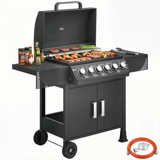 Barbacoa de Gas con 6 Quemadores 15 kW Termómetro Parrilla Mesas Laterales Armario y Ruedas 135x51x101 cm Negro [9]