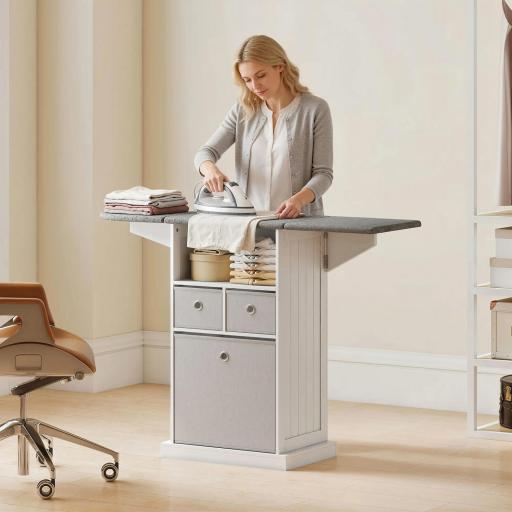 Mueble de Plancha con Ruedas Tabla de Planchar Plegable 3 Cajones de Tela 121x37x89,5 cm Blanco [7]