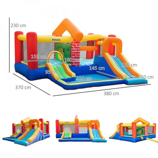 Castillo Hinchable con 2 Toboganes 2 Camas de Salto y Piscina para Niños +3 Años Incluye Inflador y Bolsa de Transporte para Interior Exterior 380x370x230 cm Multicolor [1]