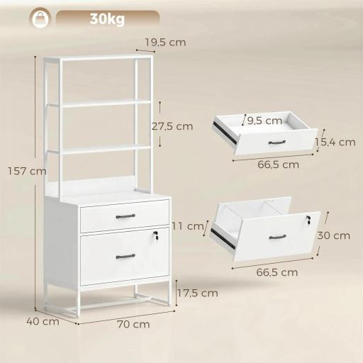 Mueble Archivador con Estantería 2 Cajones Encimera para Impresora Cerradura para A4 Letter Legal Blanco [6]