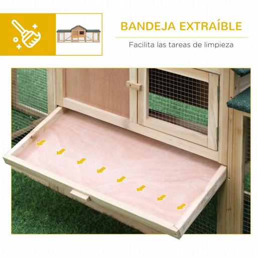 Conejera de Exterior Grande Jaula de Madera para 2-4 Conejos con Techo Asfáltico Recinto de Alambre Bandeja Extraíble y Rampas 210x45,5x84,5 cm Natural y Verde [2]