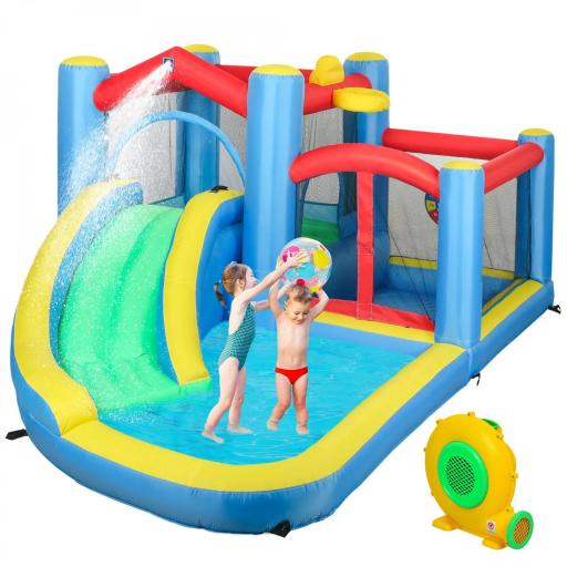 Castillo Hinchable 5 en 1 con Tobogán Piscinas y Canasta Incluye Inflador y Bolsa de Transporte 385x290x180cm Multicolor [8]