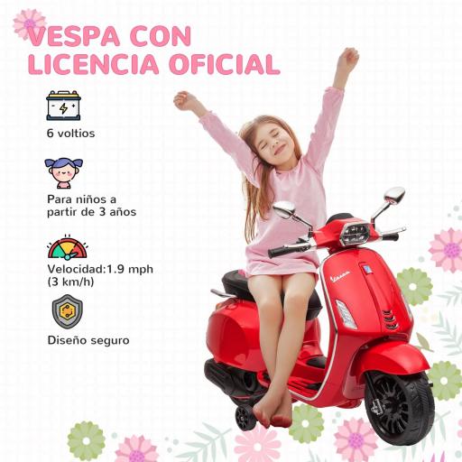Moto Eléctrica para Niños de +3 Años con Licencia Vespa con USB MP3 Luz LED Radio FM Velocidad 3 km/h Carga 35kg Rojo [2]