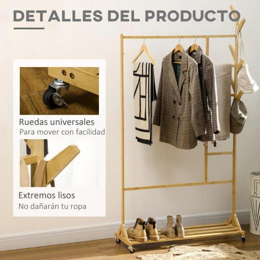 Perchero de Pie de Madera de Bambú con Ruedas Colgador Multifuncional con 6 Ganchos Barra y Estante 100x37x191 cm Natural [4]
