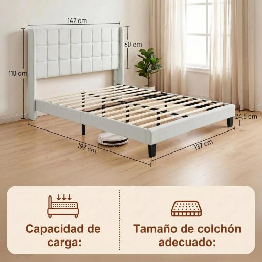 Cama 135x190 cm con Almacenaje Inferior Tapizada y Cabecero Acolchado con Orejas Beige [7]