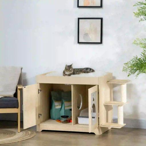 Mueble Arenero para Gatos con Cama Cojín Suave 3 Plataformas y Postes de Sisal 107x54x70 cm Roble
