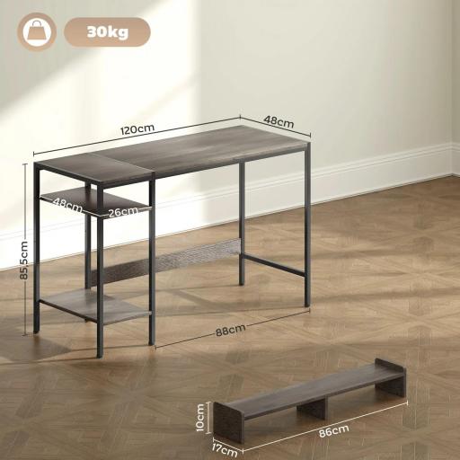 Mesa de Escritorio con Estantes Laterales Soporte para Monitor Ajustable y Estructura Móvil 120x48x85,5 cm Gris Carbón [1]