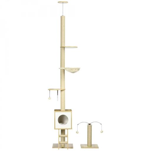 Árbol para Gatos de Suelo a Techo con Altura Ajustable y Juego de Entretenimiento Libre 40x40x225-285 cm Beige [8]