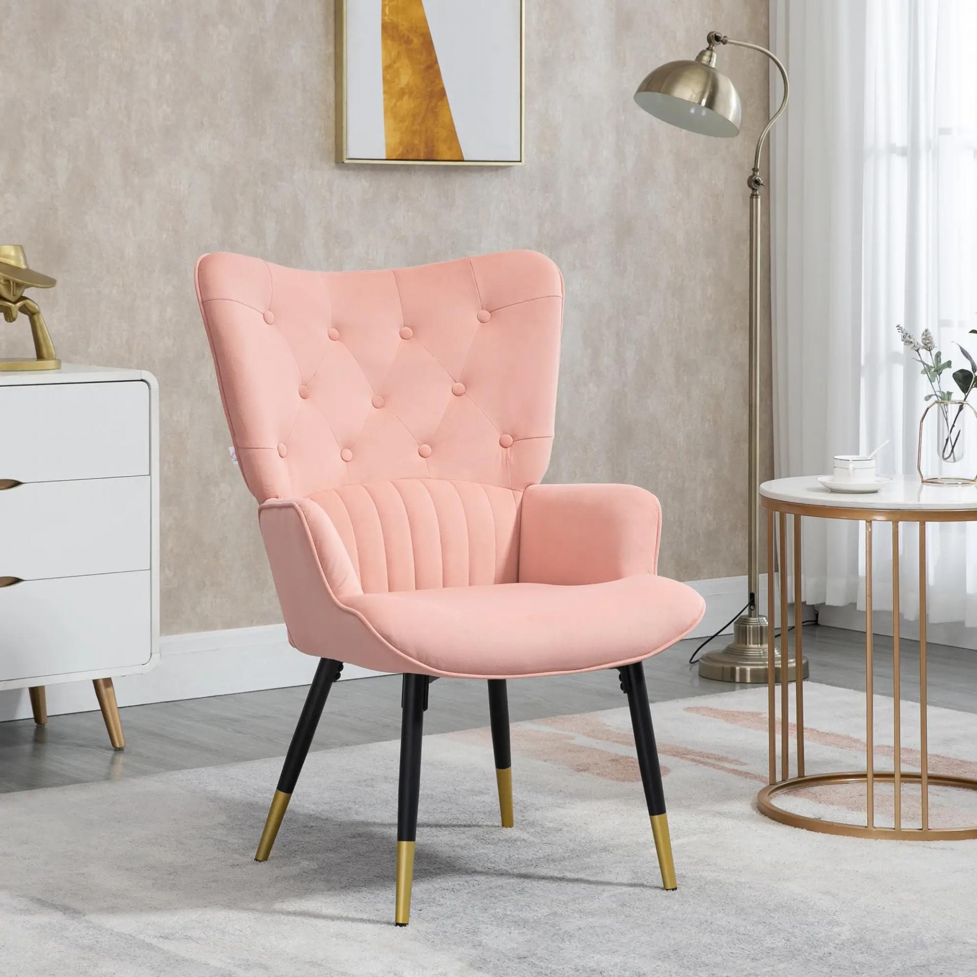 Butaca de Salón Sillón Individual Tapizado en Terciopelo con Respaldo Alto Estilo Moderno 68x72x103 cm Rosa
