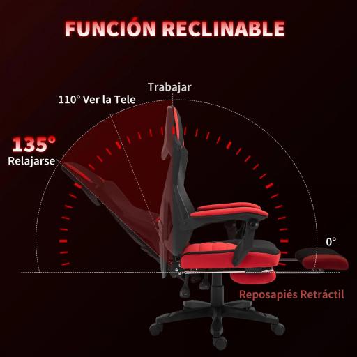 Silla de Oficina con Reposapiés Altura Regulable y Respaldo Reclinable 135° 58x63x112-122 cm Rojo y Negro [2]