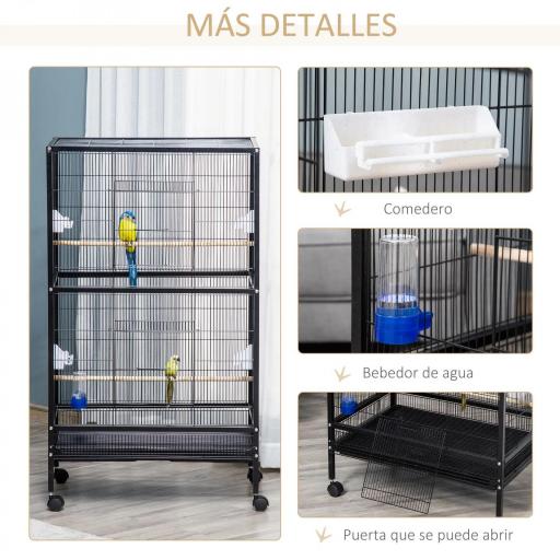 Jaula para Pájaros con 4 Ruedas Pajarera Metálica con Múltiples Puertas 4 Comederos Bebedero 2 Perchas 79x52x137cm Negro [5]