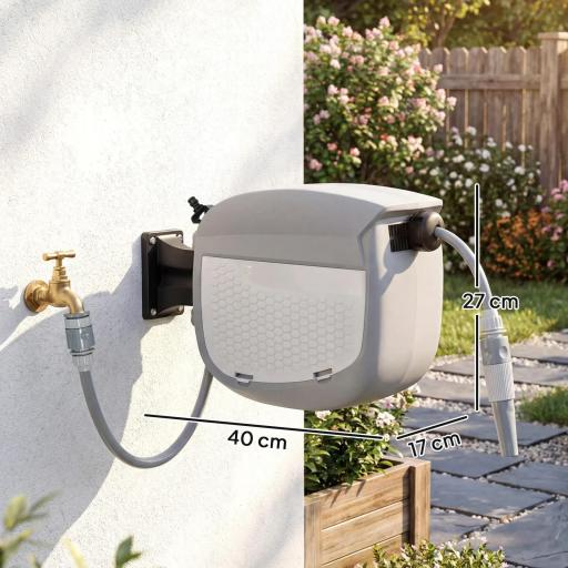 Carrete de Manguera Retráctil 10+1 m con Boquilla de 2 Modos Bloqueo Automático y Retracción Controlada Soporte Gris [1]