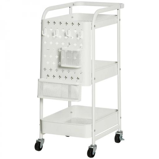 Carrito Auxiliar con Ruedas Carro de Almacenaje Multifuncional con 4 Ganchos y 2 Cestas Colgantes 51,5x32x75,6 cm Blanco [9]