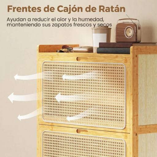 Zapatero Estrecho de Bambú con 3 Cajones Abatibles de Ratán para 18-21 Pares de Zapatos 69x29x119,8 cm Natural [7]