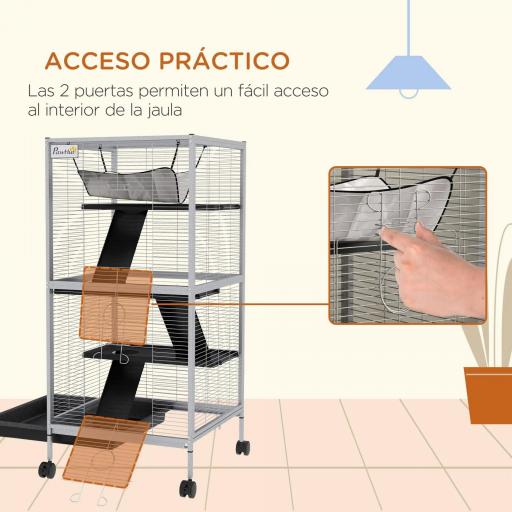 Jaula para Animales Pequeños con Ruedas 2 Puertas 3 Rampas Hamaca Colgante y Bandeja Extraíble 52x52x113,5cm Gris [2]