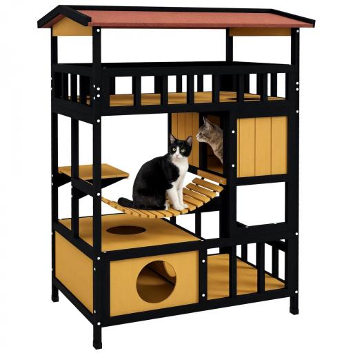 Casa para Gatos de 4 Niveles 84x60x116 cm Refugio para Gatos con Puente Colgante Balcón y Techo Asfáltico Natural [10]